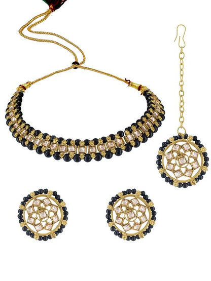 Gold-Plated Stone-Studded & Beaded Jewellery Set With Maangtika