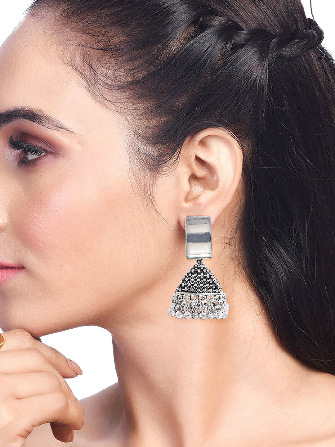 Silver-Plated Oxidised Dome Shapped Jhumkas