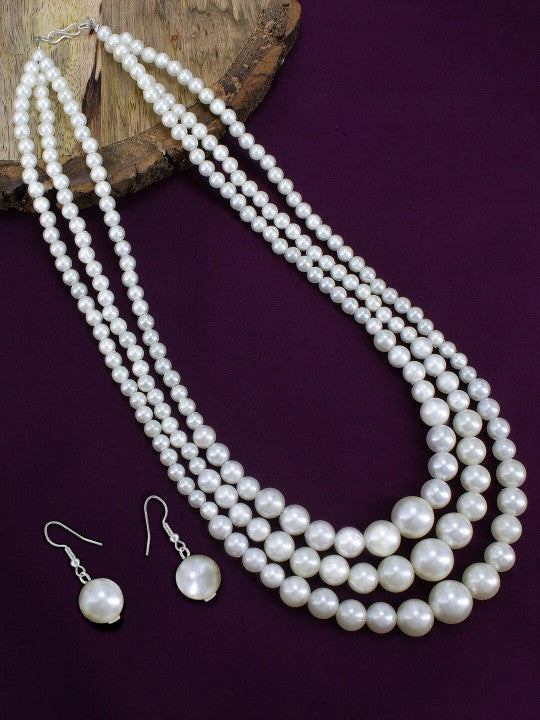 Silver Plated Three Layered Pearl Beaded Trendy Necklace & Earrings Set