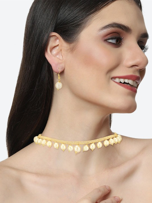 Gold-Plated Cubic Zircon-Studded & Pearl-Beaded Jewellery Set