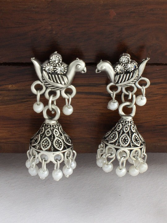 Silver-Plated Oxidised Peacock Shaped Jhumkas