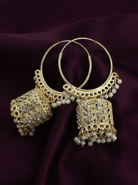 Gold-Plated Stone-Studded & Beaded Dome Shaped Hoop Earrings