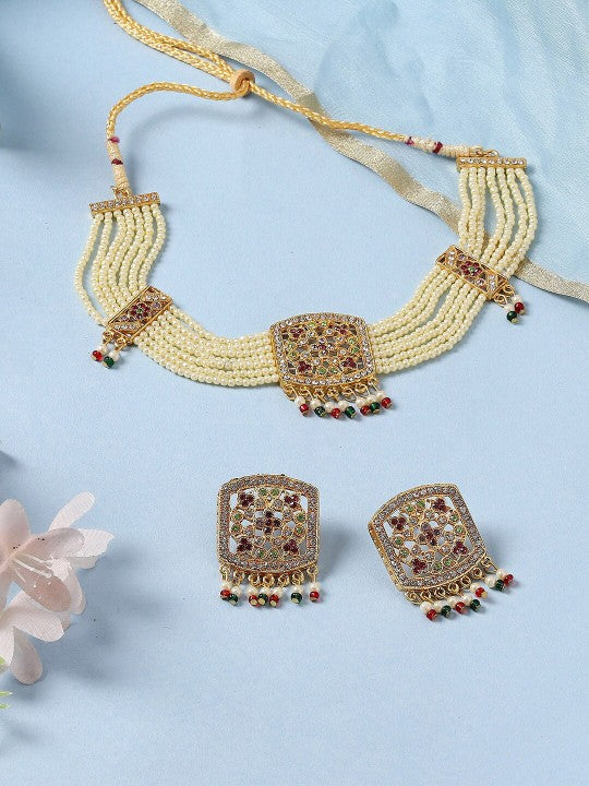 Gold-Plated Stone-Studded & Pearls Beaded Choker Necklace Jewellery Set