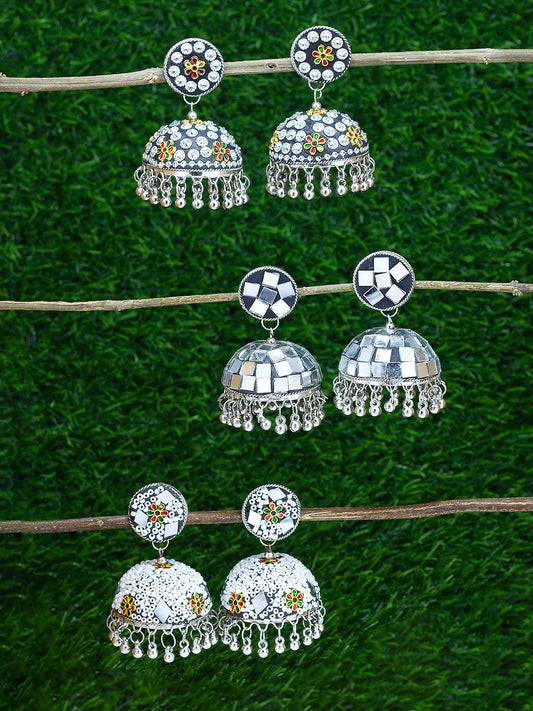 Pack of 3 Silver-Plated Dome Shaped Artificial Stones and Beads Jhumkas