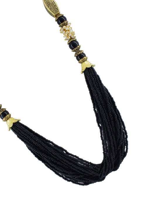 Gold Plated Black Beaded Layered Long Necklace & Earrings Set