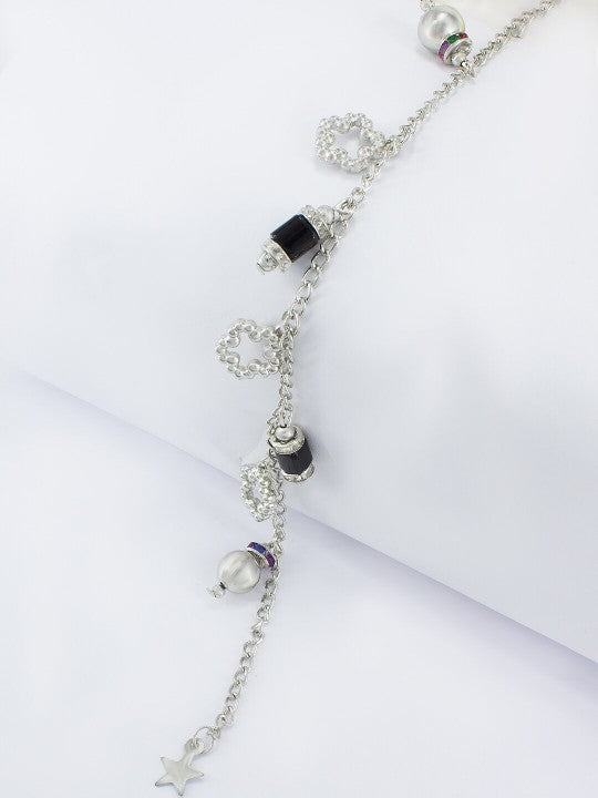 Silver-Plated Stones-Studded  Beaded Anklet For Women