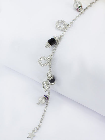 Silver-Plated Stones-Studded  Beaded Anklet For Women