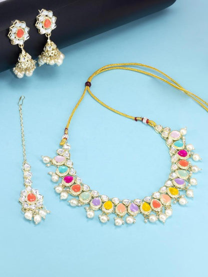 Gold-Plated Crystal Studded Pearl Beaded Jewellery Set With Maangtika