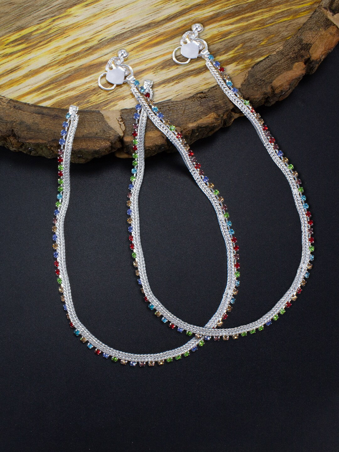 Pair of Silver-Plated Crystal-Studded Anklets For Women