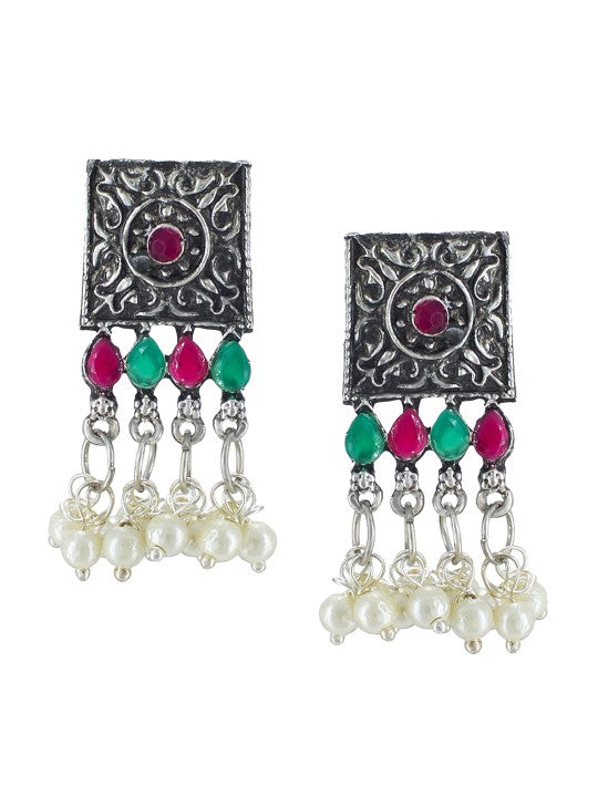 Silver Oxidised Stone Studded & Beaded Jewellery Set