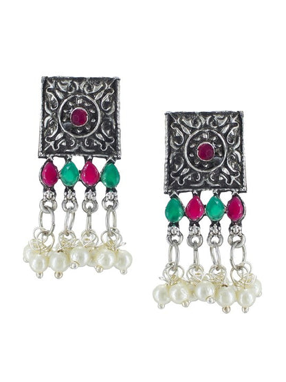 Silver Oxidised Stone Studded & Beaded Jewellery Set