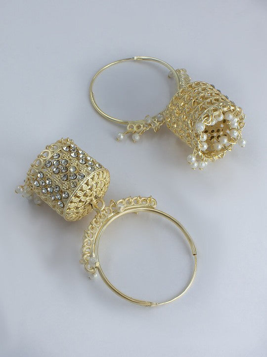 Gold-Plated Stone-Studded & Beaded Dome Shaped Hoop Earrings