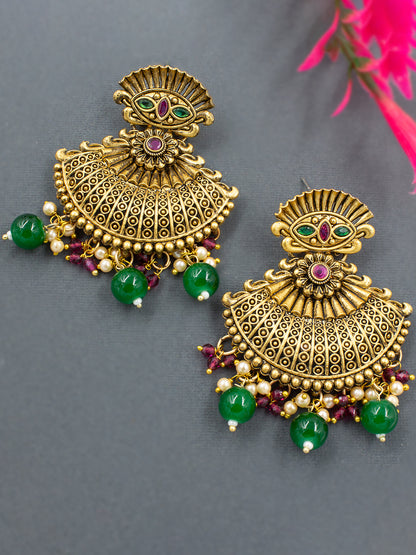 Gold-Plated Crescent Shaped Beaded Drop Earrings