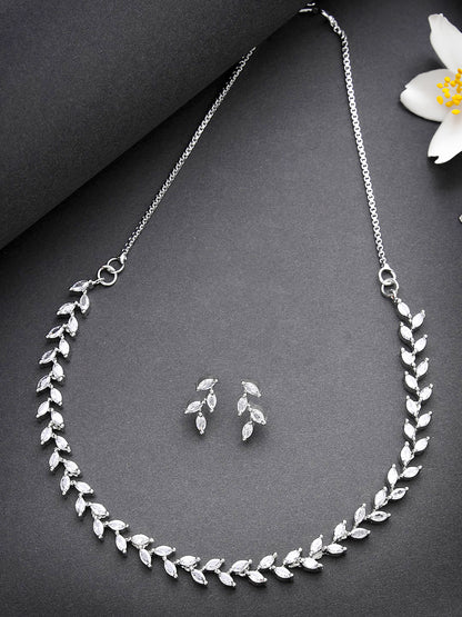 Silver-Plated Leaf American Diamond-Studded Jewellery Set