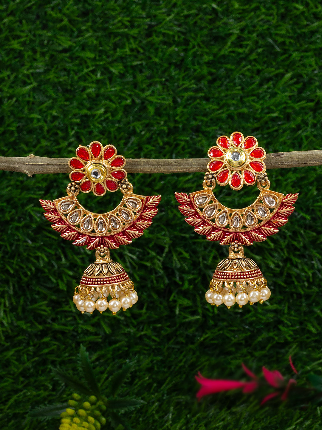 Gold Plated Red Floral Jhumka Earrings