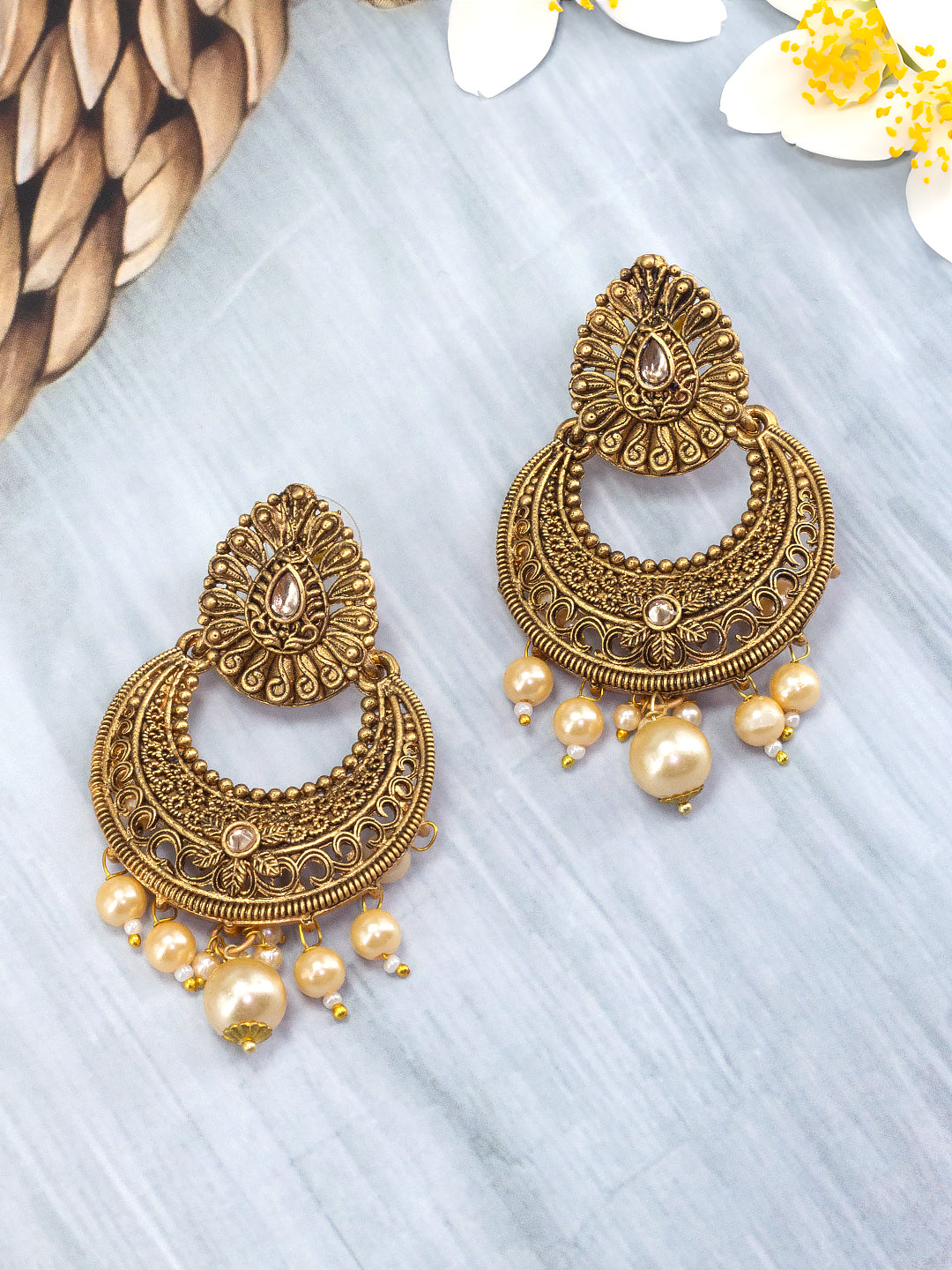 Gold-Plated Crescent Shaped Beaded Chandbalis