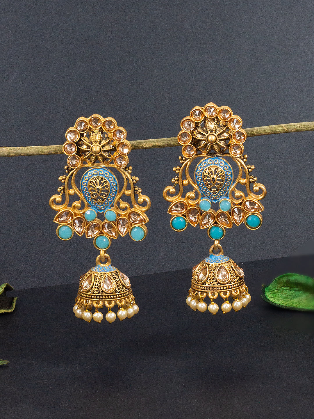 Gold Plated Blue Floral Jhumka Earrings