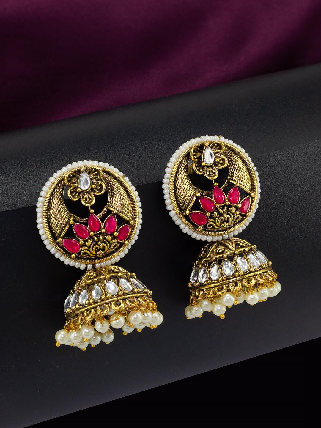 Gold-Toned Dome Shaped Kundan Studded Jhumkas