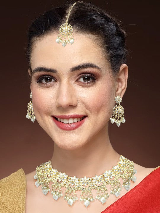 Gold-Plated Artificial Stones Studded Jewellery Set With Maang Tika