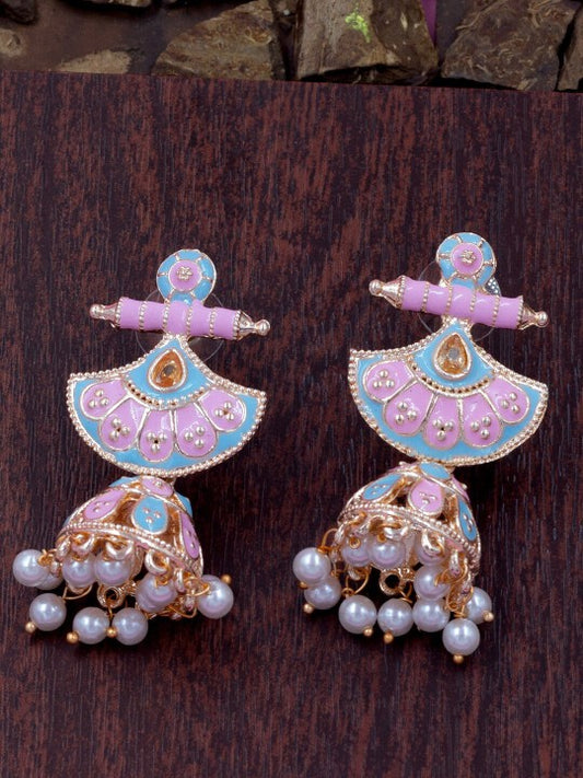 Pink Crescent Shaped Beaded Jhumka Earrings