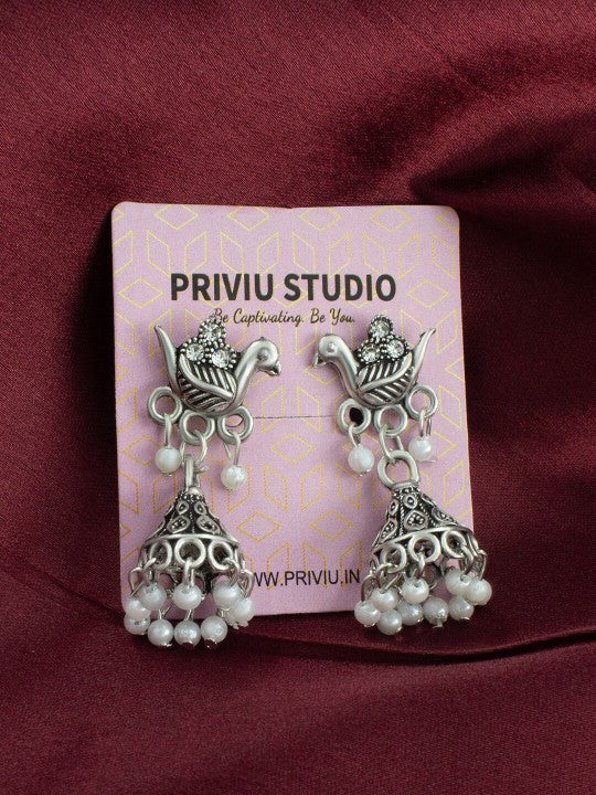 Silver-Plated Oxidised Peacock Shaped Jhumkas