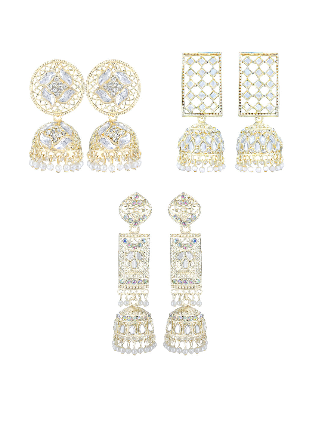 Pack of 3 Gold Plated Artificial Beads & Mirror Studded Jhumka Earrings