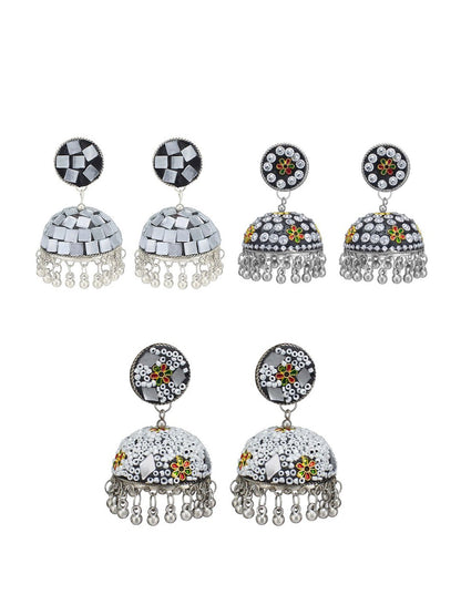 Pack of 3 Silver-Plated Dome Shaped Artificial Stones and Beads Jhumkas