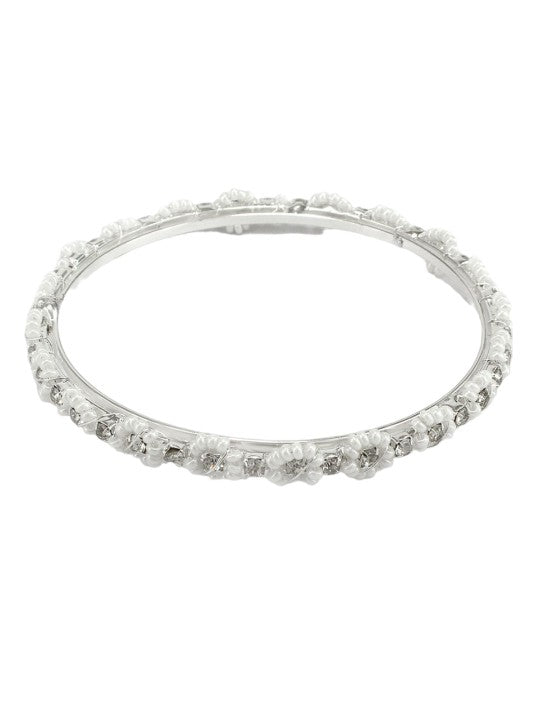 Set of 4 Silver Plated White Floral Beaded Bangle Set