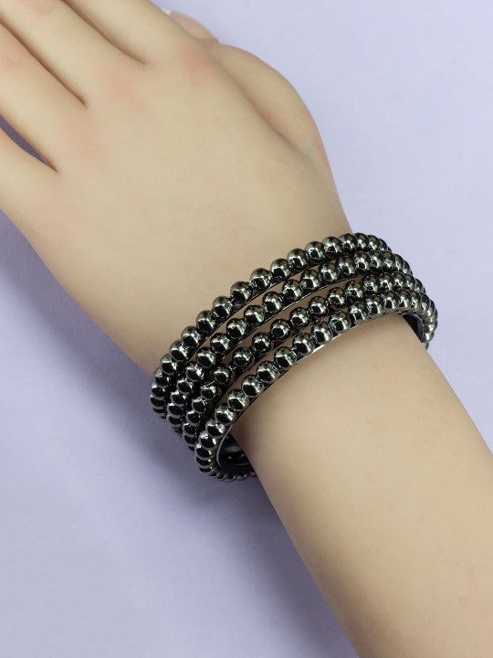 Set of 4 Silver Oxidised Gun Metal Color Beaded Bangles