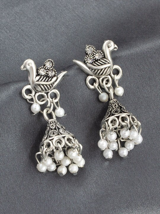 Silver-Plated Oxidised Peacock Shaped Jhumkas