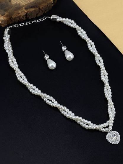 Silver Plated Heart Double Layered Stone & Pearl Beaded Moti Mala Trendy Necklace & Earrings