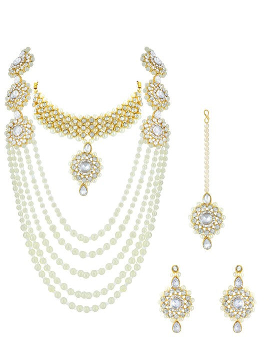 Gold-Plated Pearl Beaded Long & Short Necklace & Earrings Jewellery Set With Maangtika