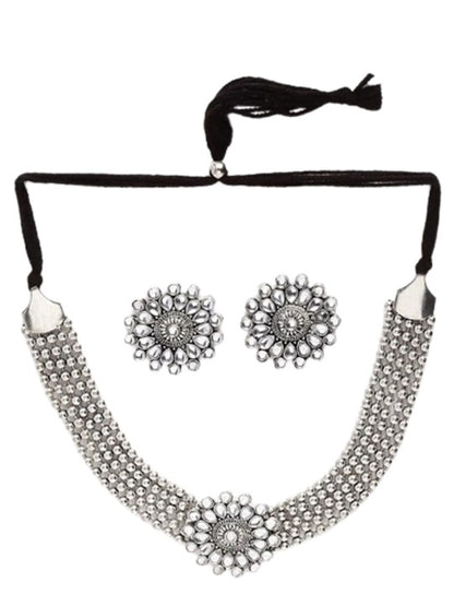 Silver-Plated Floral Kundan-Studded Jewellery Set