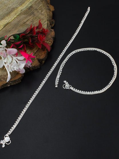 Pair of Silver-Plated AD Stone-Studded Anklet For Women