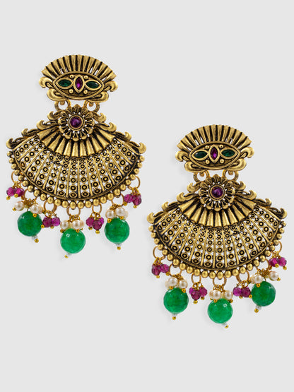 Gold-Plated Crescent Shaped Beaded Drop Earrings