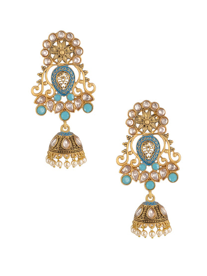 Gold Plated Blue Floral Jhumka Earrings