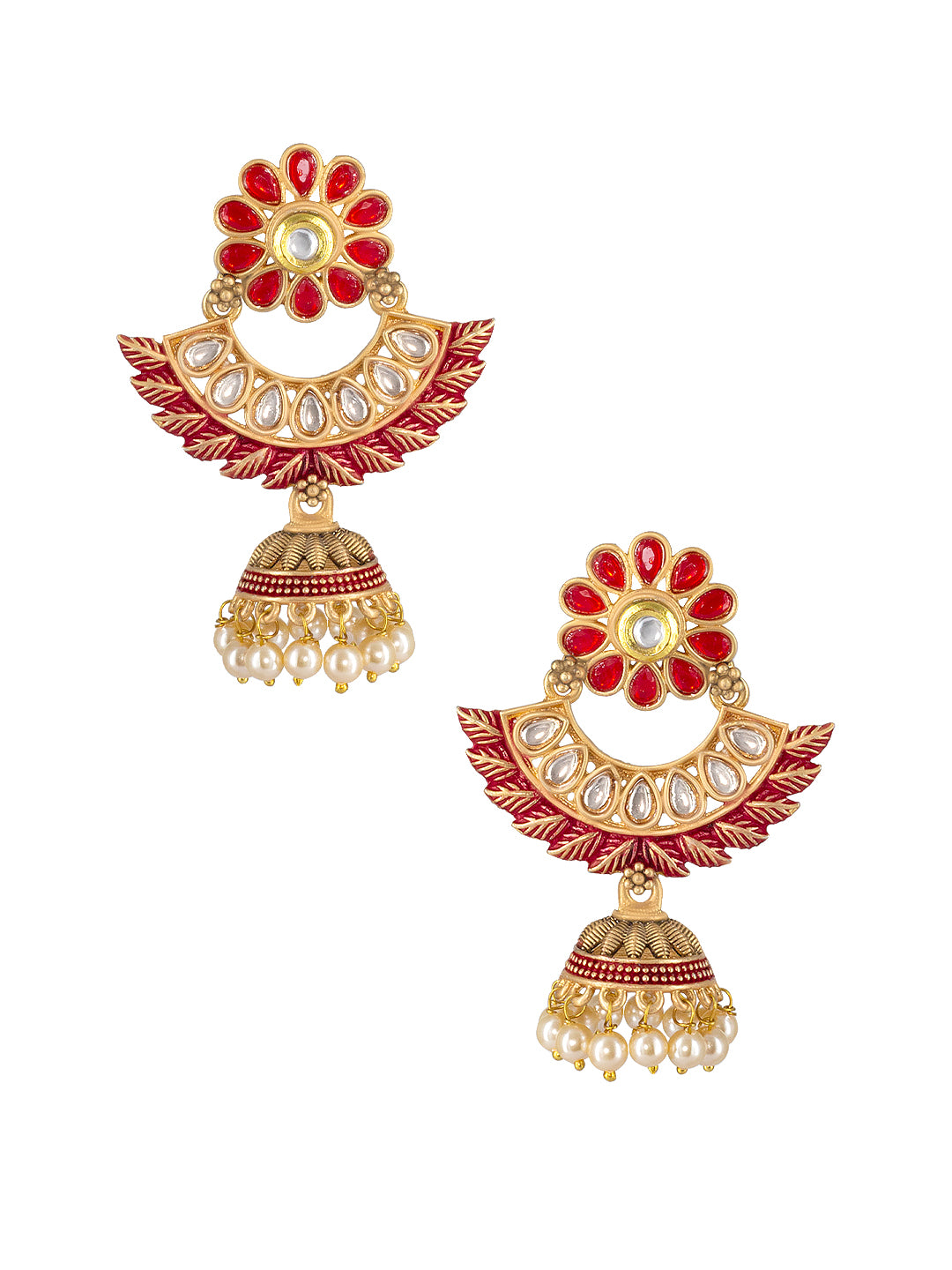 Gold Plated Red Floral Jhumka Earrings