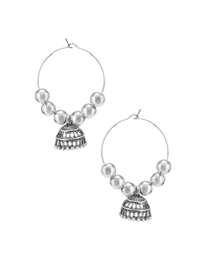 Silver Oxidised Artificial Beaded Hoop Jhumki Earrings