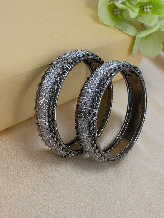 Set of 2 Gun Metal Crystal Beaded Bangle Set