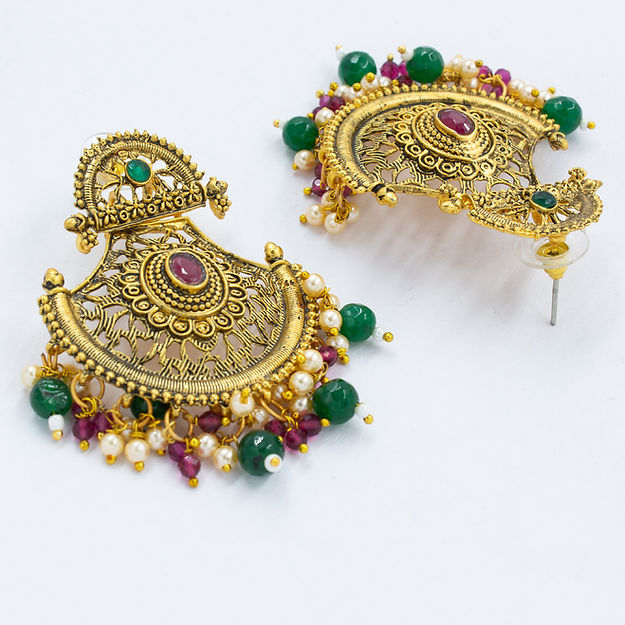 Gold-Plated Crescent Shaped Beaded Drop Earrings