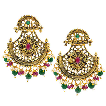 Gold-Plated Crescent Shaped Beaded Drop Earrings