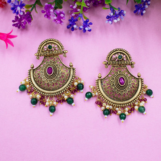 Gold-Plated Crescent Shaped Beaded Drop Earrings