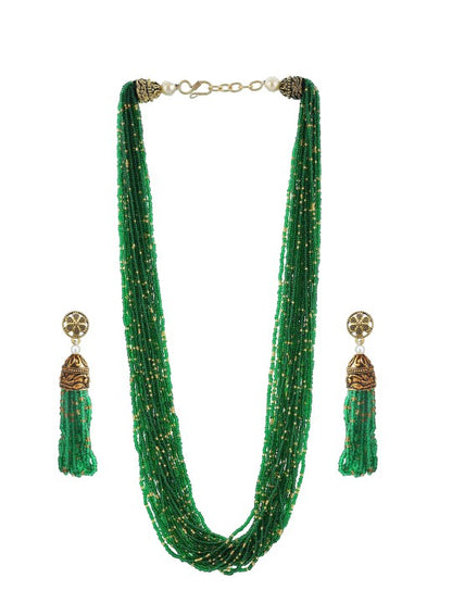 Brass-Plated Green Beaded Necklace & Earrings Set