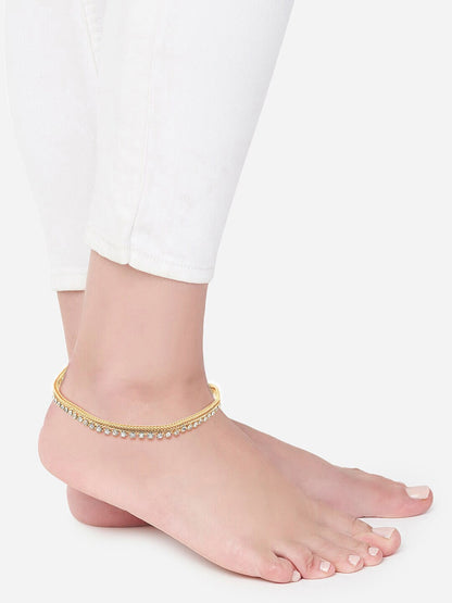 Pair of Gold-Plated AD Studded Anklets For Women