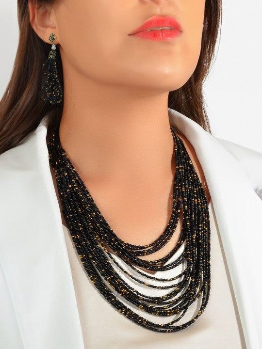 Brass-Plated Black Beaded Necklace & Earrings Set