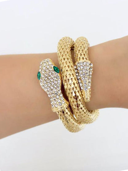 Serpent Gold Plated & Green Rhinestone Wraparound Bracelet For Women