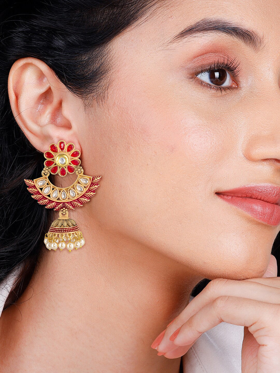 Gold Plated Red Floral Jhumka Earrings