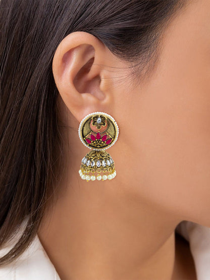 Gold-Toned Dome Shaped Kundan Studded Jhumkas