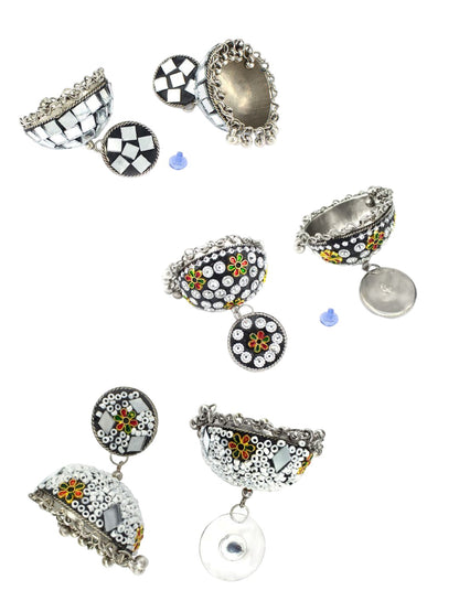 Pack of 3 Silver-Plated Dome Shaped Artificial Stones and Beads Jhumkas