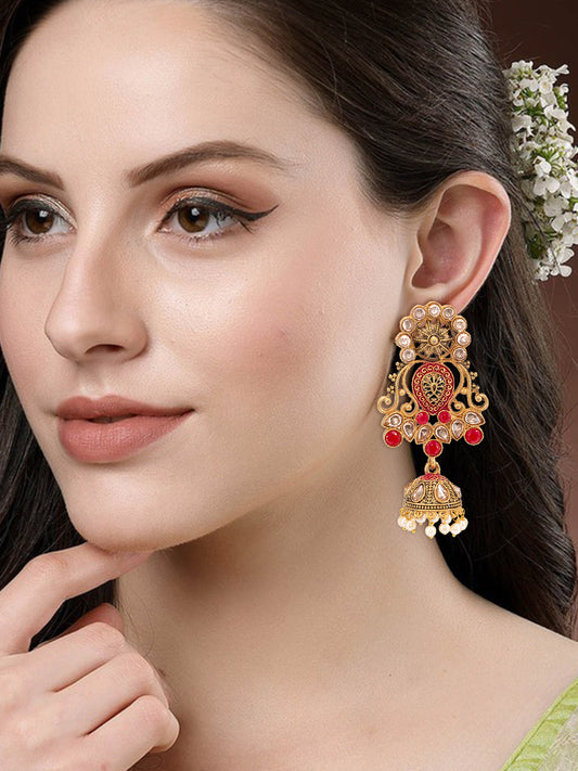 Gold Plated Red Floral Jhumka Earrings